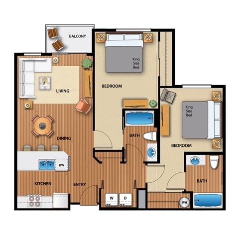 Floor plan for 2 beds, 2 baths, 937 sqft